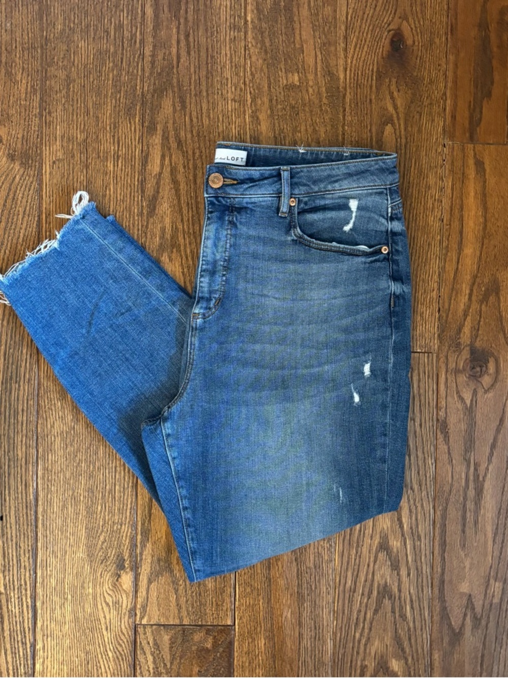 LOFT Curvy High Waist Skinny Ankle Jeans Size 14 / 32 Distressed Raw Hem Denim